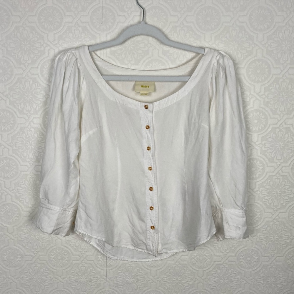 Anthropologie Maeve White Blouse Linen Buttons Puff Sleeve shirt Top 2